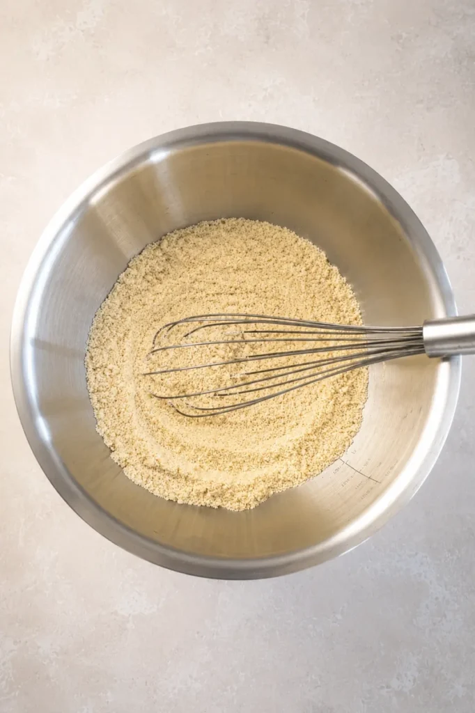 Top-down view of dry ingredients for a gluten-free tart crust in a stainless steel bowl with a whisk resting on top.