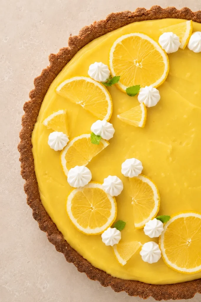Close-up of a vegan lemon curd tart with a smooth lemon filling, lemon slices, mint leaves and neat white cream dollops piped with a pastry bag.