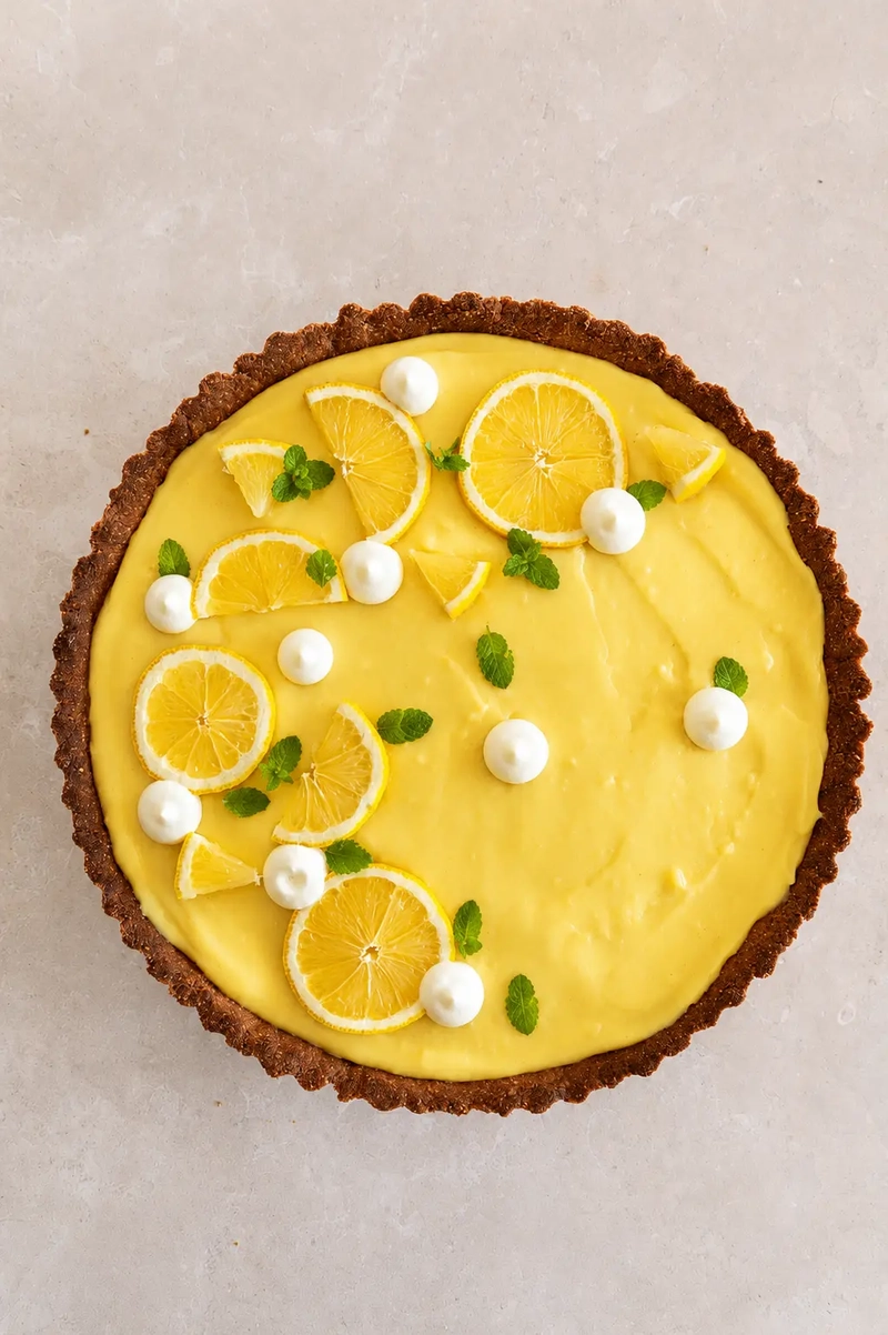 Top-down view of a vegan lemon tart with a smooth lemon filling, fresh lemon slices, mint leaves and cream dollops.