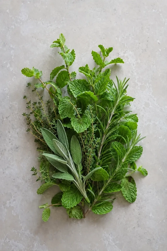 Vegan Mediterranean diet fresh herbs including mint, thyme, sage, and rosemary arranged on a light stone surface.