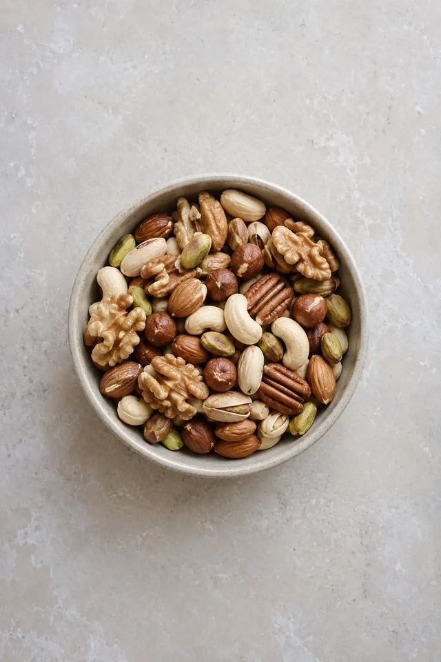 Vegan Mediterranean diet bowl of mixed nuts with walnuts, almonds, cashews, pistachios, and hazelnuts on a light stone surface.