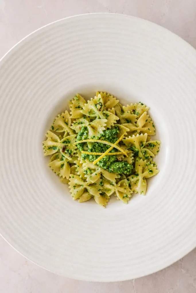 Vegan Mediterranean diet gluten-free farfalle with green pesto and lemon zest served in a white ceramic bowl.