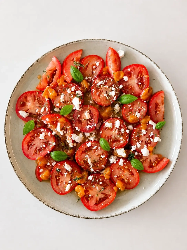Vegan Mediterranean diet tomato salad with sliced fresh tomatoes, basil leaves, herbs, and a light dressing served on a ceramic plate.