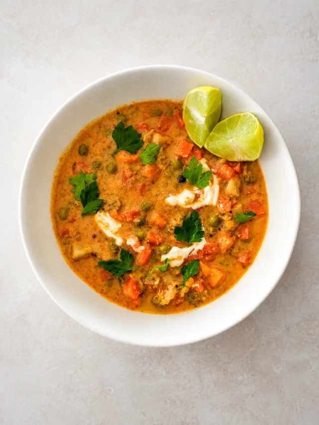 What I eat in a day as a vegan dinner with creamy vegetable korma, plant-based yogurt, fresh parsley, and lime.