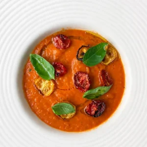 Creamy 3-ingredient tomato soup served in a white textured bowl, topped with roasted cherry tomatoes, fresh basil leaves and a drizzle of olive oil.