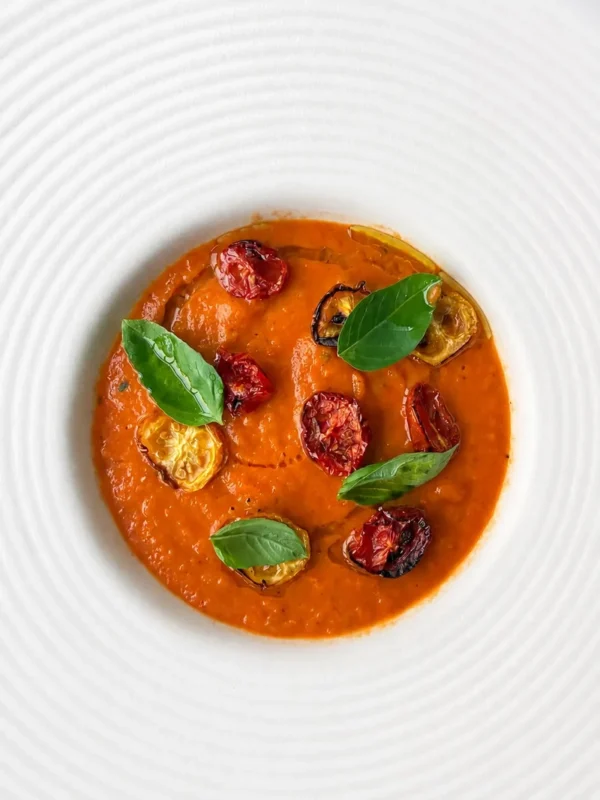 Creamy 3-ingredient tomato soup served in a white textured bowl, topped with roasted cherry tomatoes, fresh basil leaves and a drizzle of olive oil.
