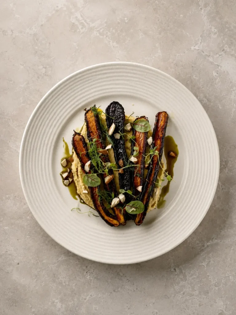 Roasted purple carrots served over creamy chickpea purée with herbs, microgreens, chopped almonds and olive oil on a white ceramic plate.