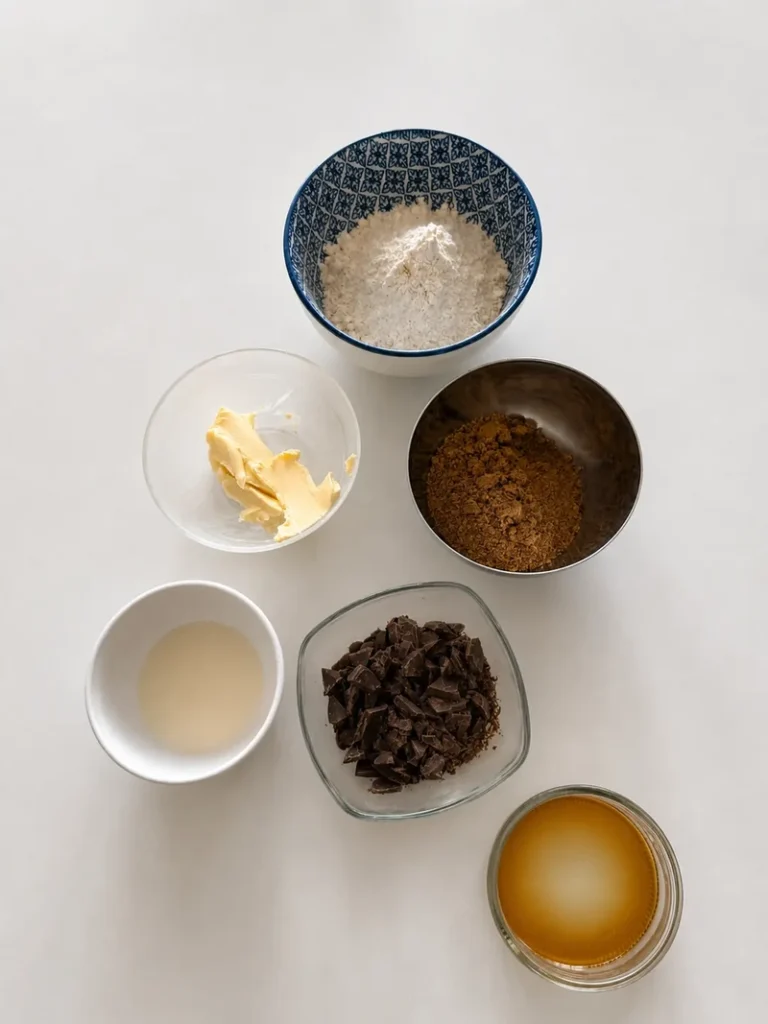 Ingredients for vegan gluten-free chocolate chip cookies without eggs, including gluten-free flour, coconut sugar, vegan butter, soy milk, dark chocolate and maple syrup.