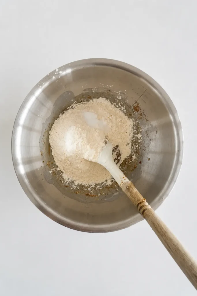 Gluten-free flour and baking soda added to a mixing bowl for chocolate chip cookies without eggs, with a spatula resting inside.