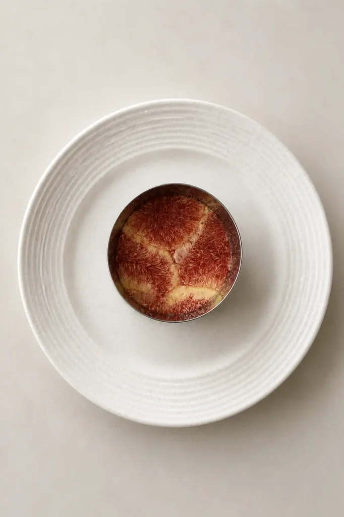 Pressed fig carpaccio shaped into a neat circle with a metal ring mold on a white plate.