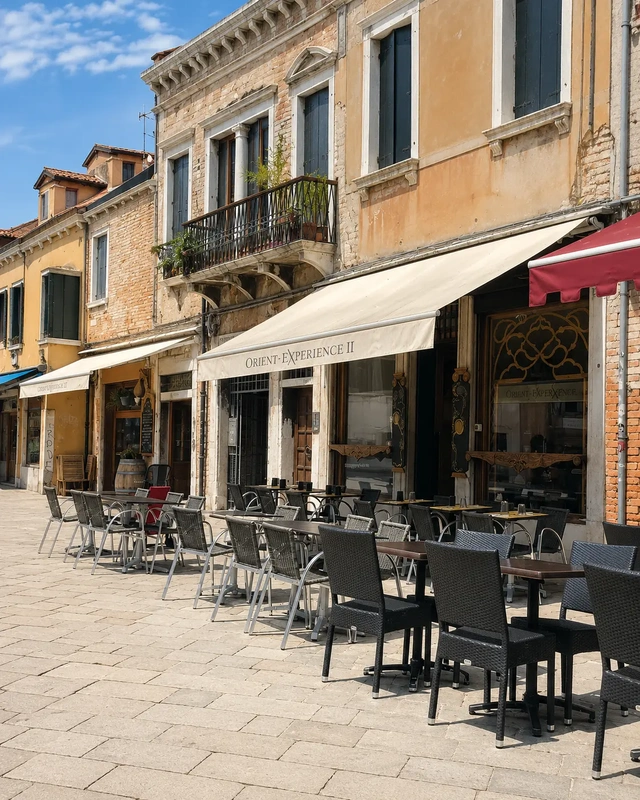 Exterior of Orient Experience II in Venice, Italy, a vegan-friendly restaurant serving Middle Eastern and fusion dishes.