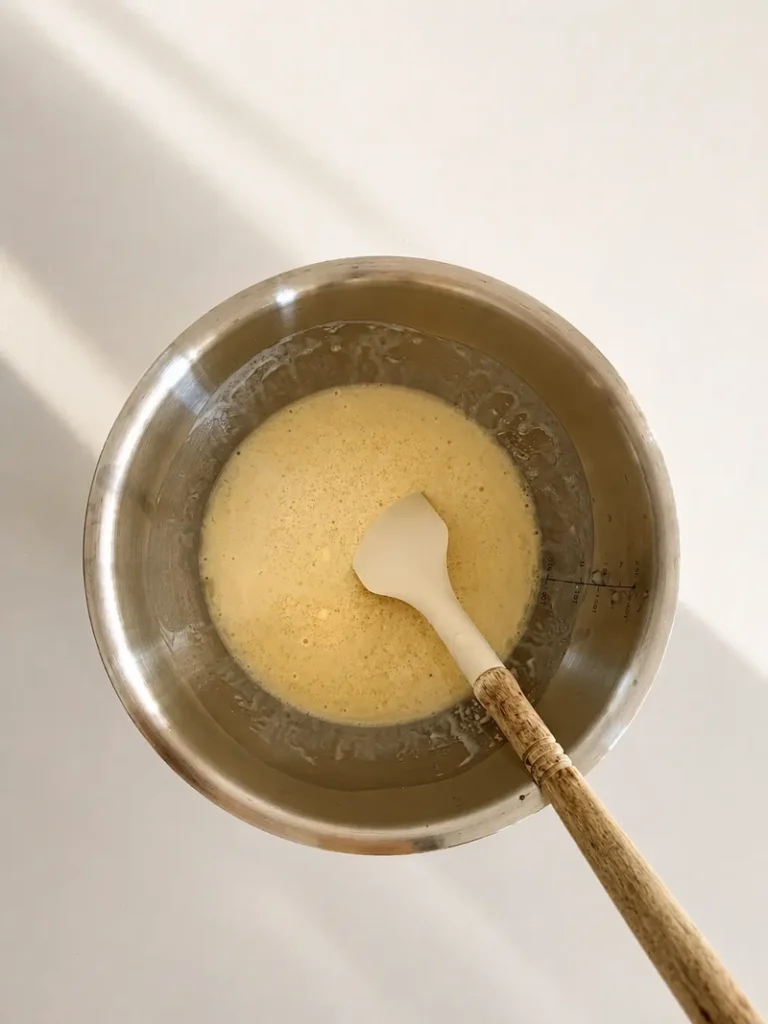 Overhead view of the mixed wet batter for vegan fig bread with fresh figs in a stainless-steel bowl, with a spatula resting inside and soft neutral natural light.