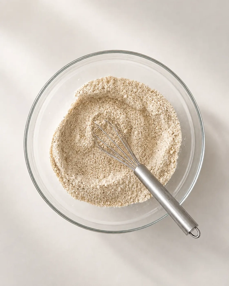 Overhead view of a glass bowl filled with a gluten-free flour mixture, with a stainless-steel whisk resting inside and warm natural sunlight casting soft shadows across the surface.