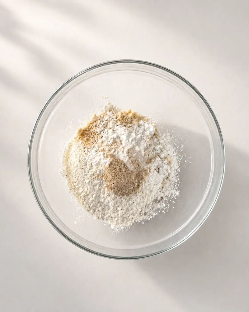 Overhead view of the gluten-free flour mix for vegan fig bread with fresh figs, lit by warm natural sunlight with soft, defined shadows on a neutral surface.