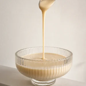 Vegan crème anglaise being poured from a spoon into a ribbed glass bowl, with a silky, creamy texture and soft natural light.