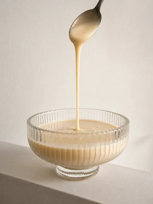 Vegan crème anglaise being poured from a spoon into a ribbed glass bowl, with a silky, creamy texture and soft natural light.