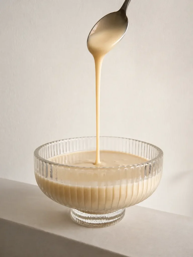 Vegan crème anglaise being poured from a spoon into a ribbed glass bowl, with a silky, creamy texture and soft natural light.