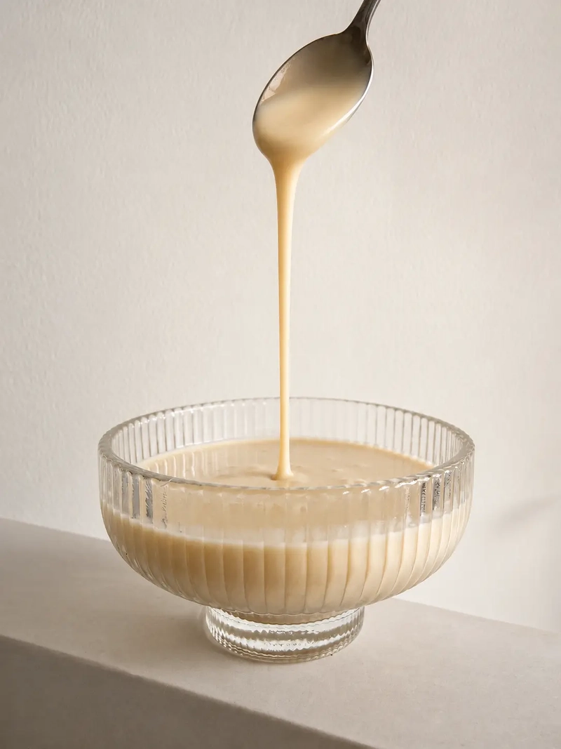 Vegan crème anglaise being poured from a spoon into a ribbed glass bowl, with a silky, creamy texture and soft natural light.
