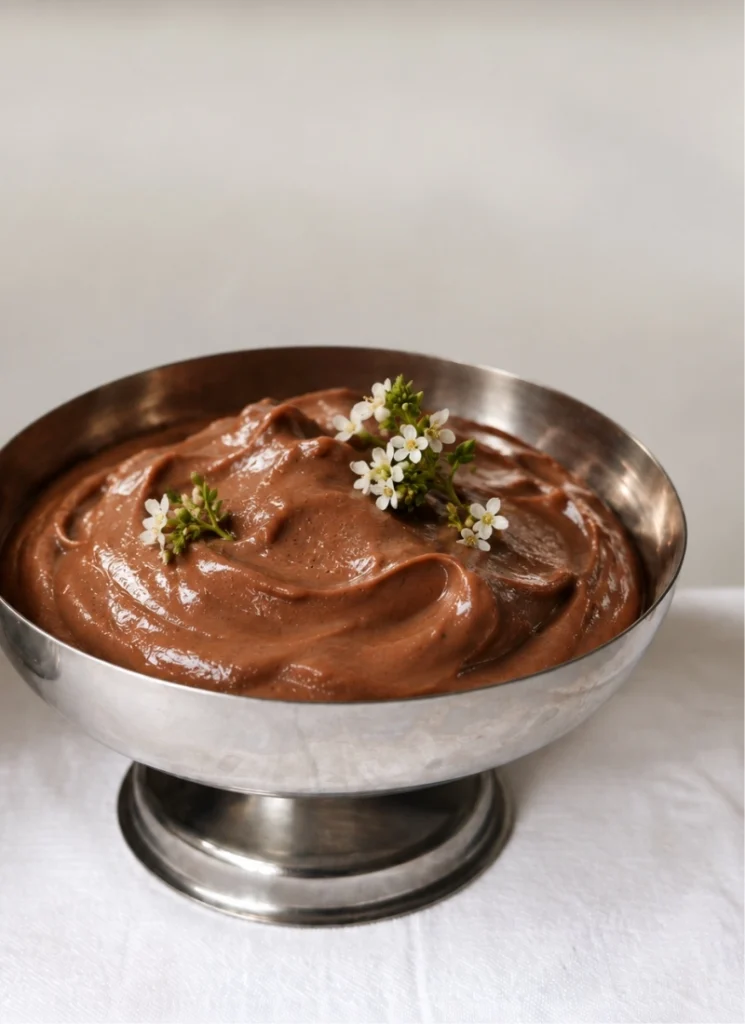 Silken tofu chocolate mousse in a stainless steel dessert bowl, topped with delicate white basil flowers and served on a white linen tablecloth.