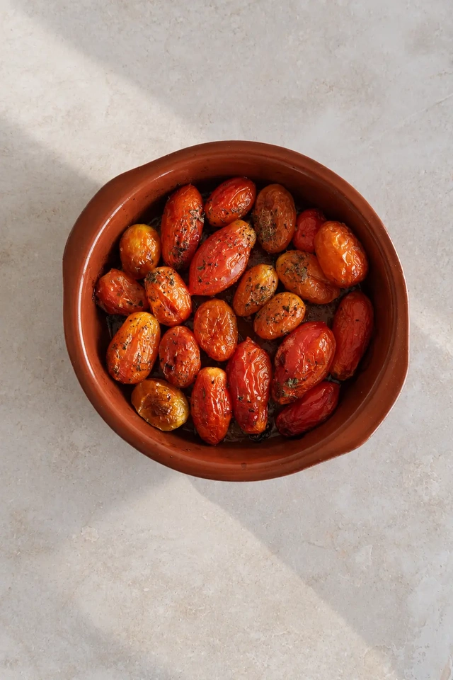 Roasted cherry tomatoes with herbs and olive oil, caramelized and ready to blend into the white bean cream for vegan eggplant schnitzel.