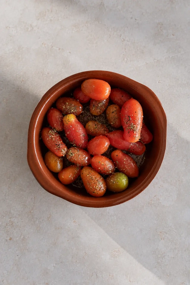 Cherry tomatoes seasoned with olive oil, herbs, salt and pepper before roasting for the white bean cream served with vegan eggplant schnitzel.