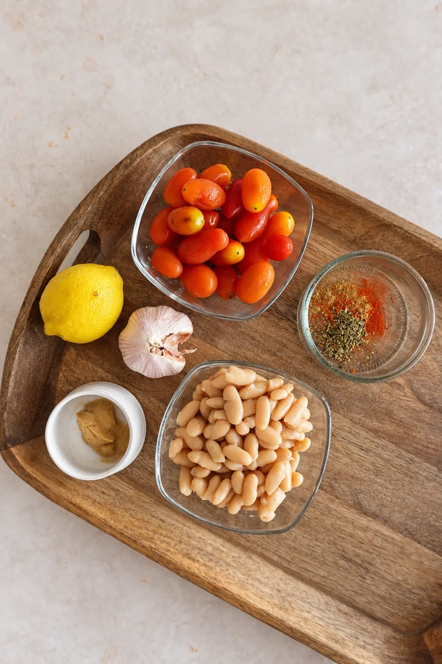 Overhead view of white beans, cherry tomatoes, lemon, garlic, tahini and spices arranged on a wooden tray, ready to make a creamy bean and tomato spread for eggplant schnitzel.