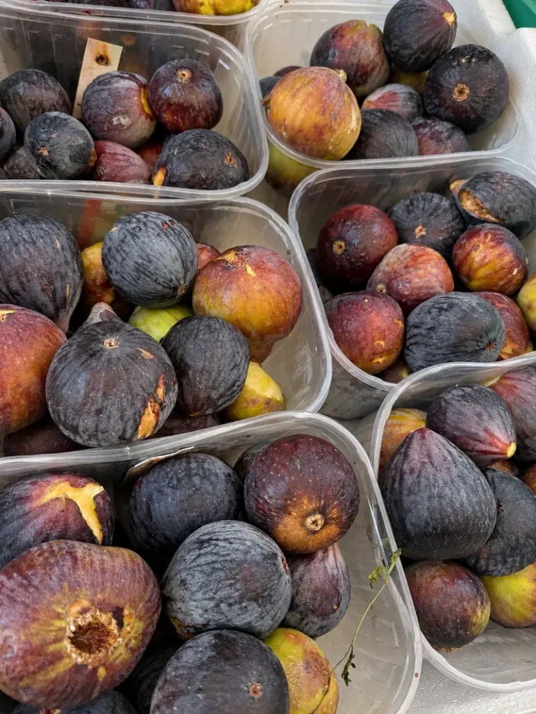 Several trays filled with fresh ripe figs in different shades of purple and green, ready to be used for seasonal vegan fig recipes.
