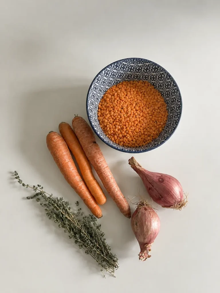 Overhead flat lay of split red lentils in a patterned bowl with carrots, shallots and fresh thyme on a clean white surface.