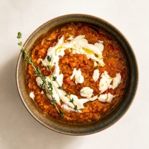 French onion soup with lentils served in a bowl, topped with plant-based cream, olive oil and fresh thyme.
