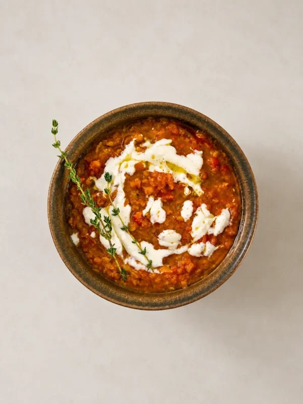 French onion soup with lentils served in a bowl, topped with plant-based cream, olive oil and fresh thyme.