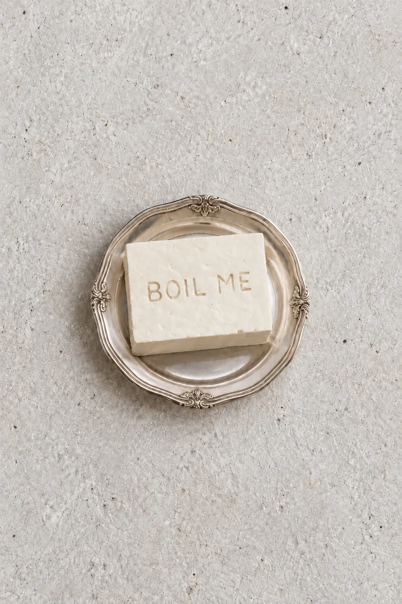 Block of tofu on a vintage silver plate with the words “BOIL ME” carved into the surface, set on a light textured stone background.