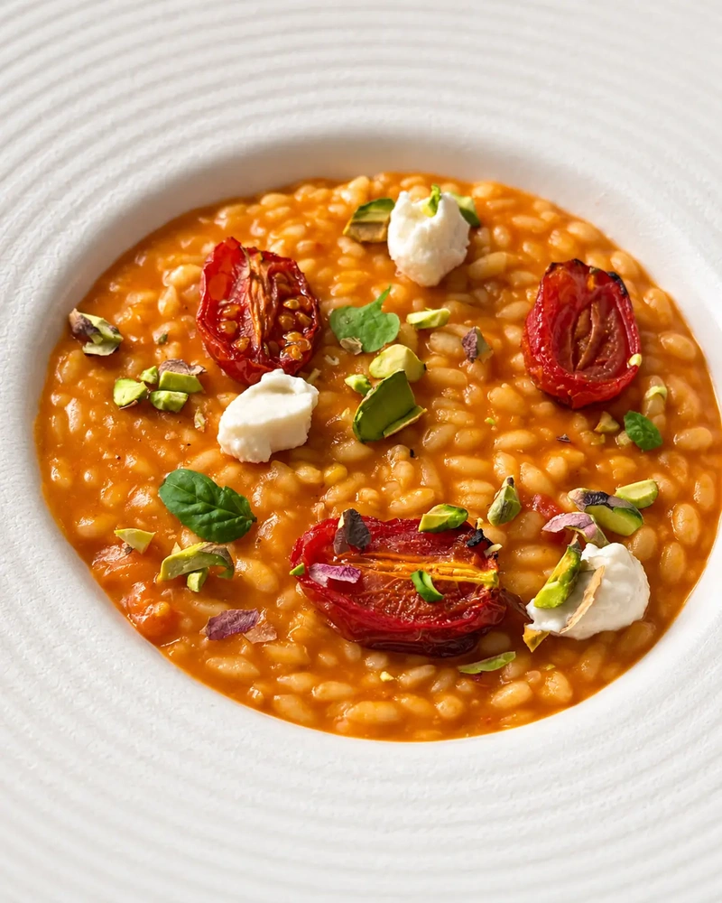 Creamy vegan tomato risotto topped with roasted tomatoes, pistachios, fresh basil and dollops of vegan cheese.