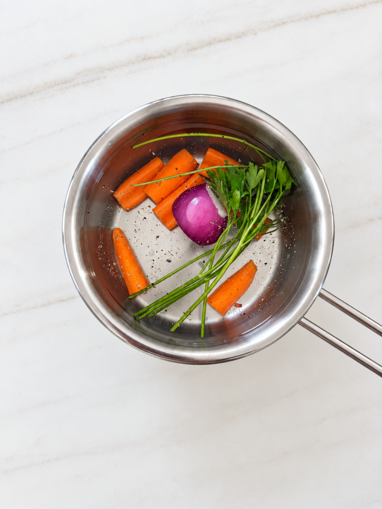 Stainless steel saucepan filled with water, carrot pieces, red onion, parsley and herbs on a light marble surface, prepared for vegetable broth.