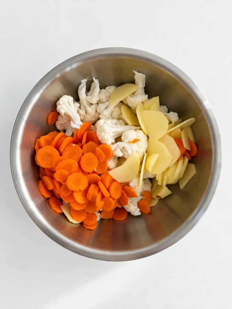 Chopped cauliflower, carrots and potatoes in a metal bowl for lemon carrot cauliflower soup.