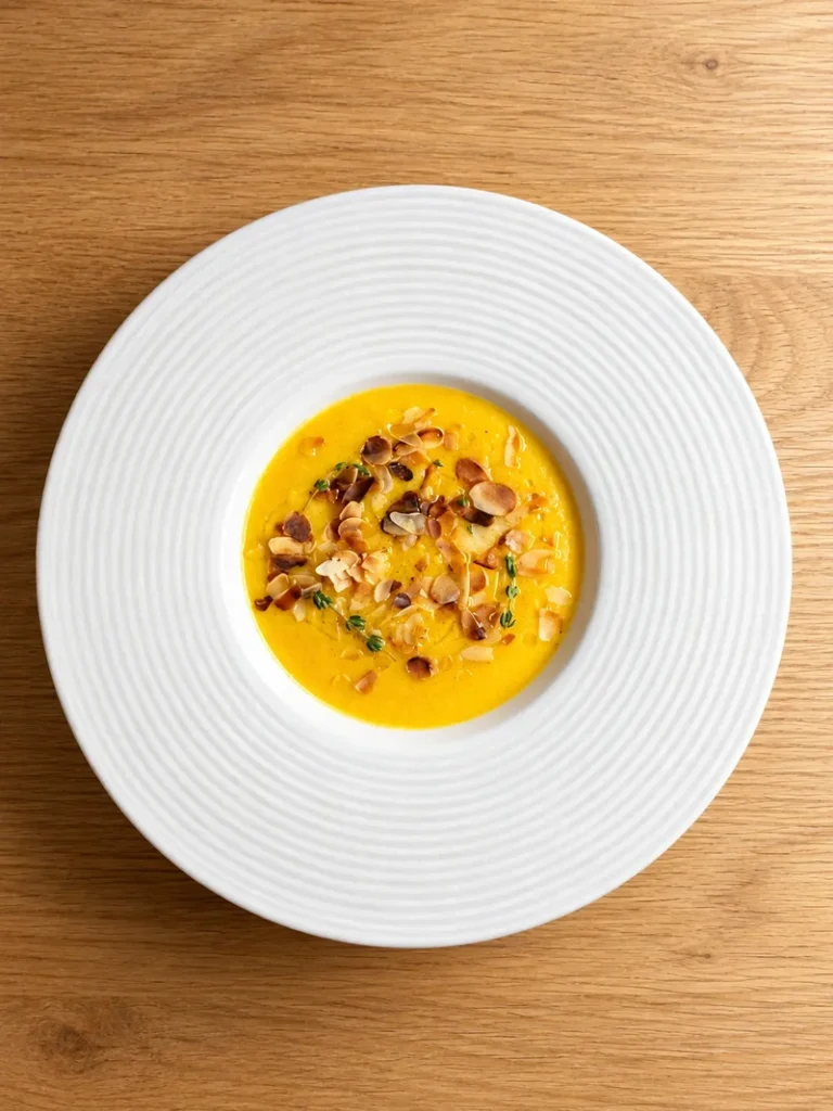 Lemon carrot cauliflower soup served in a white bowl, topped with toasted almonds, fresh thyme and a drizzle of olive oil.