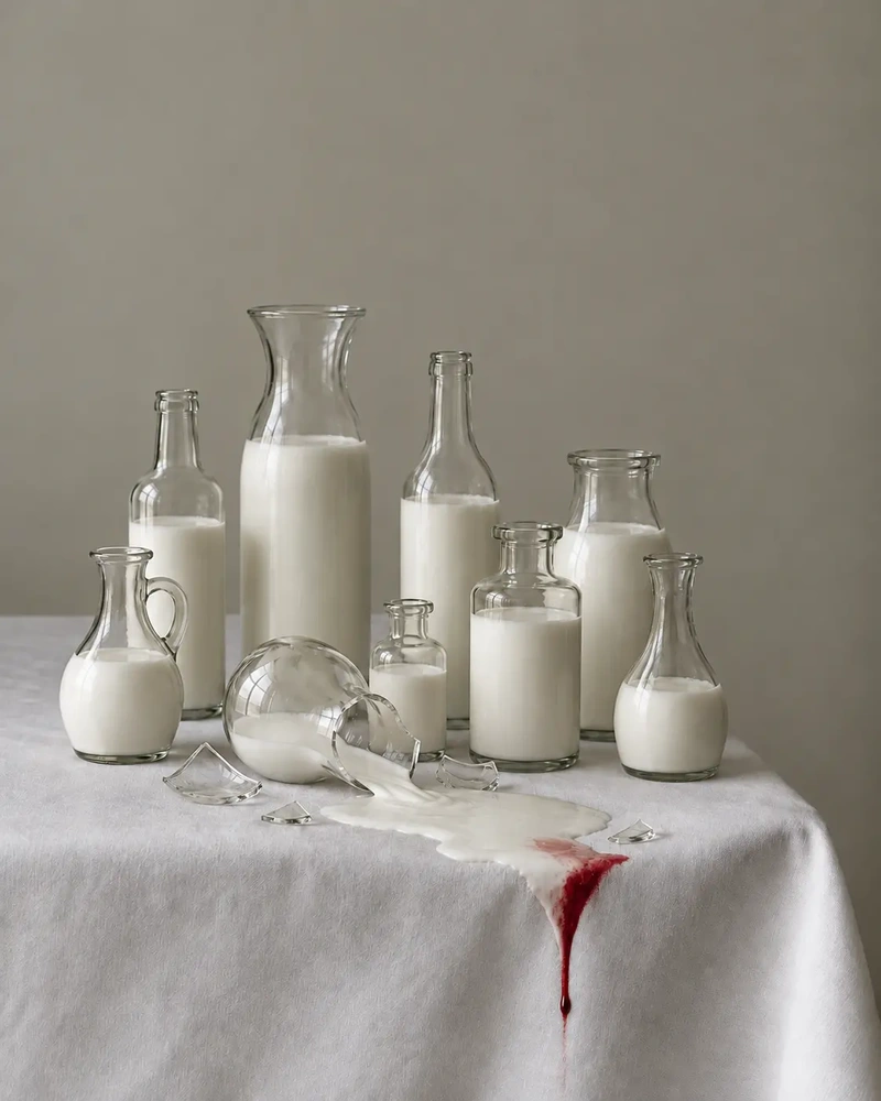 Vintage glass bottles filled with milk beside a broken pitcher spilling milk that turns into blood, symbolizing the animal exploitation behind dairy production and why vegans don't drink cow's milk.