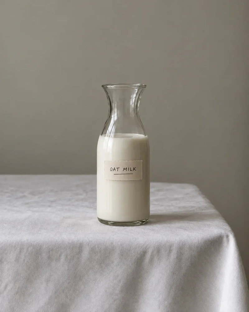 Glass bottle filled with oat milk, featuring a handwritten OAT MILK label, on a white linen table, illustrating a vegan plant based alternative to dairy milk.