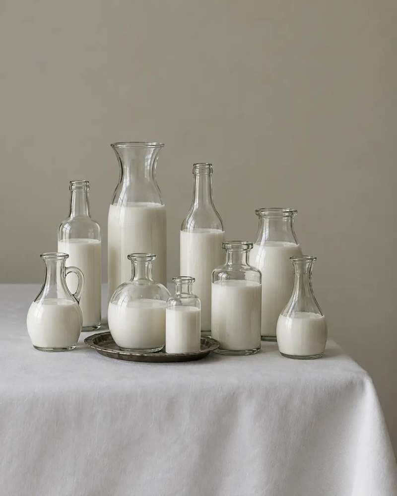 Assortment of vintage glass bottles and pitchers filled with milk on a white linen table, illustrating different types of milk in an article about what vegans drink instead of dairy milk.