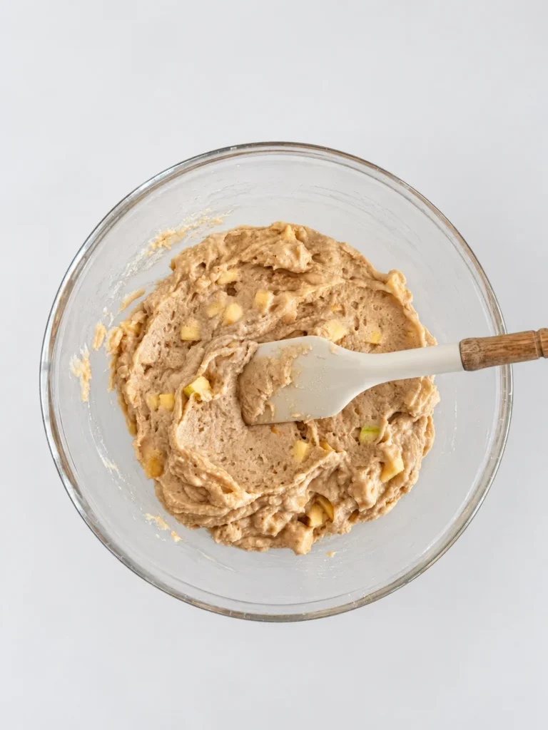 Thick gluten-free apple bread batter with diced fresh apples in a glass mixing bowl, ready to bake a healthy vegan apple bread.