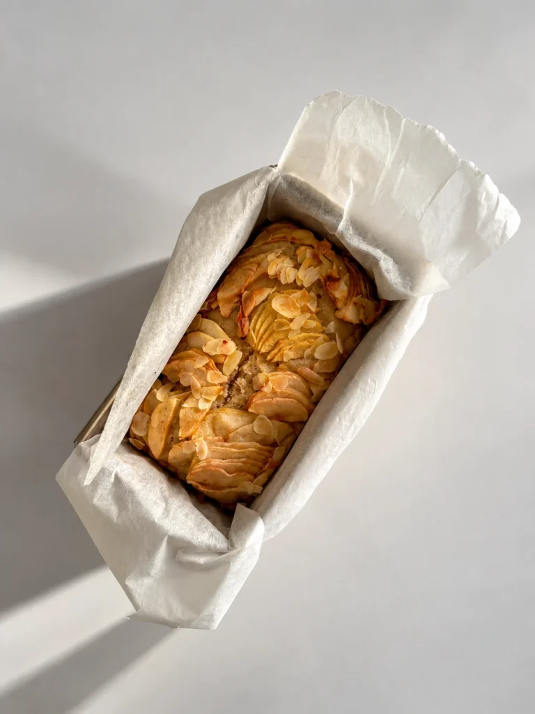Homemade healthy apple bread baked in a parchment-lined loaf pan, topped with sliced apples and toasted almonds, with natural sunlight and soft shadows.