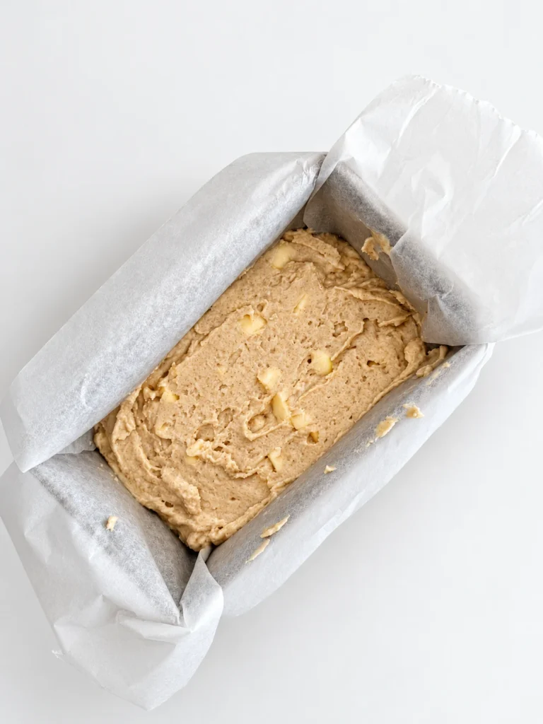 Gluten-free apple bread batter in a loaf pan lined with parchment paper, ready to bake.