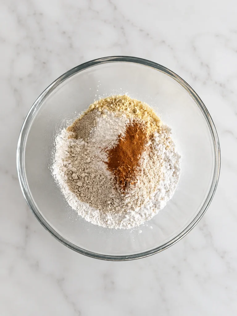 Glass mixing bowl filled with gluten-free flours, cinnamon and dry ingredients for a homemade healthy apple bread recipe.
