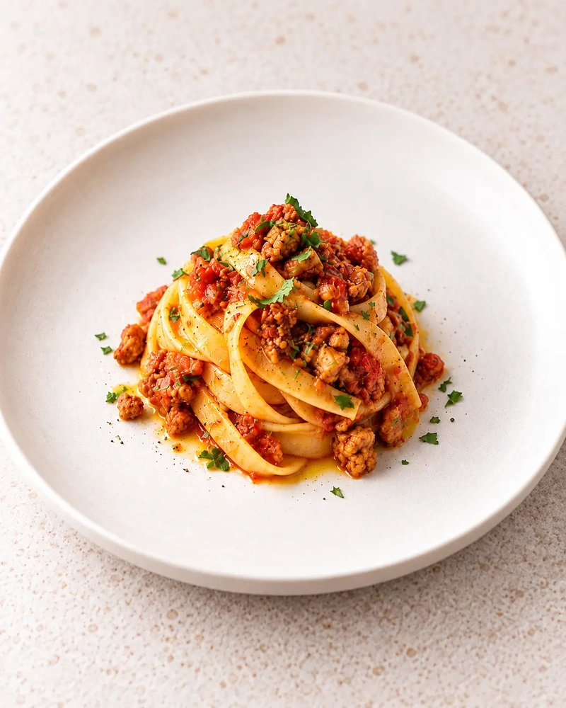 Tagliatelle with tempeh ragù served in a white bowl, showing how to cook tempeh slowly in sauces.