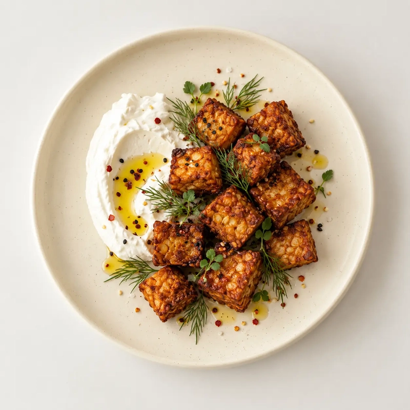 Crispy tempeh cubes served with creamy yogurt, fresh herbs and olive oil on a neutral plate.