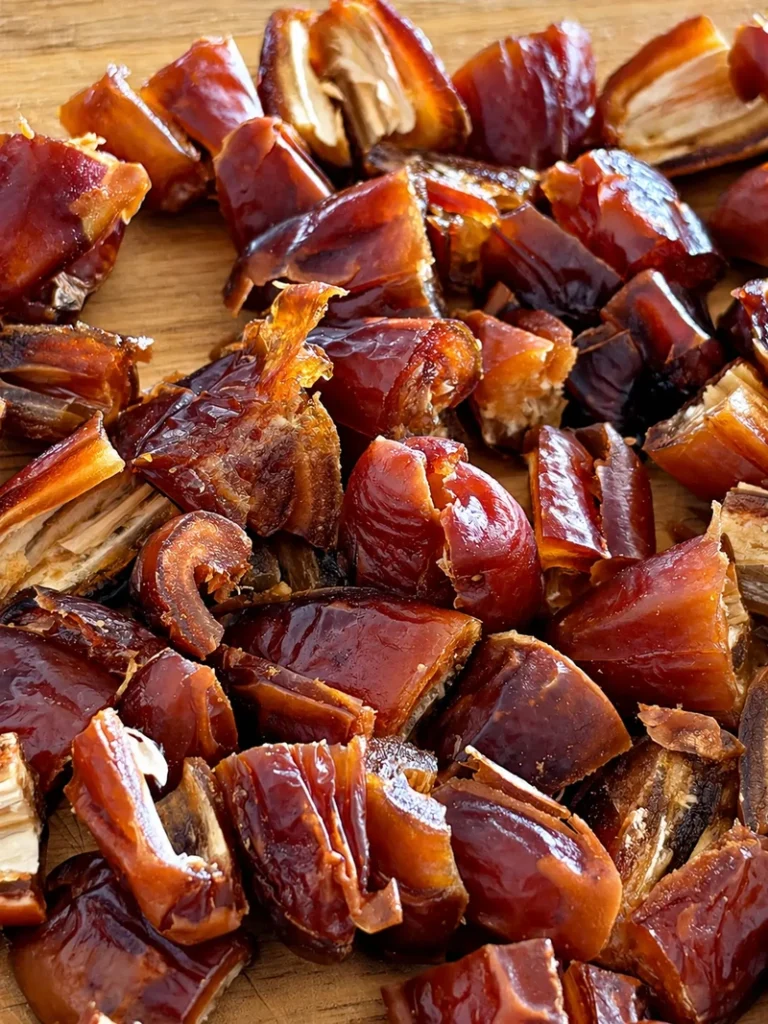 Close-up of chopped Medjool dates on a wooden cutting board, showing their soft, sticky texture and deep caramel colour.