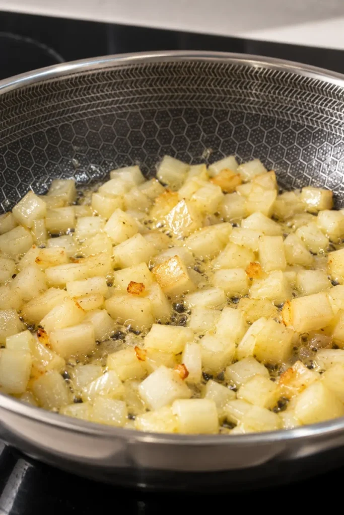 Close up of diced pear cooking in butter and oil in a pan, bubbling and lightly caramelised for vegan leek risotto.