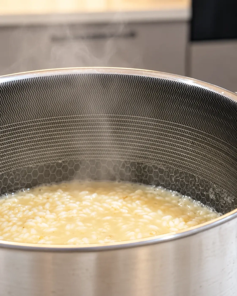 Creamy vegan risotto simmering in a stainless steel pan, photographed up close with steam rising.