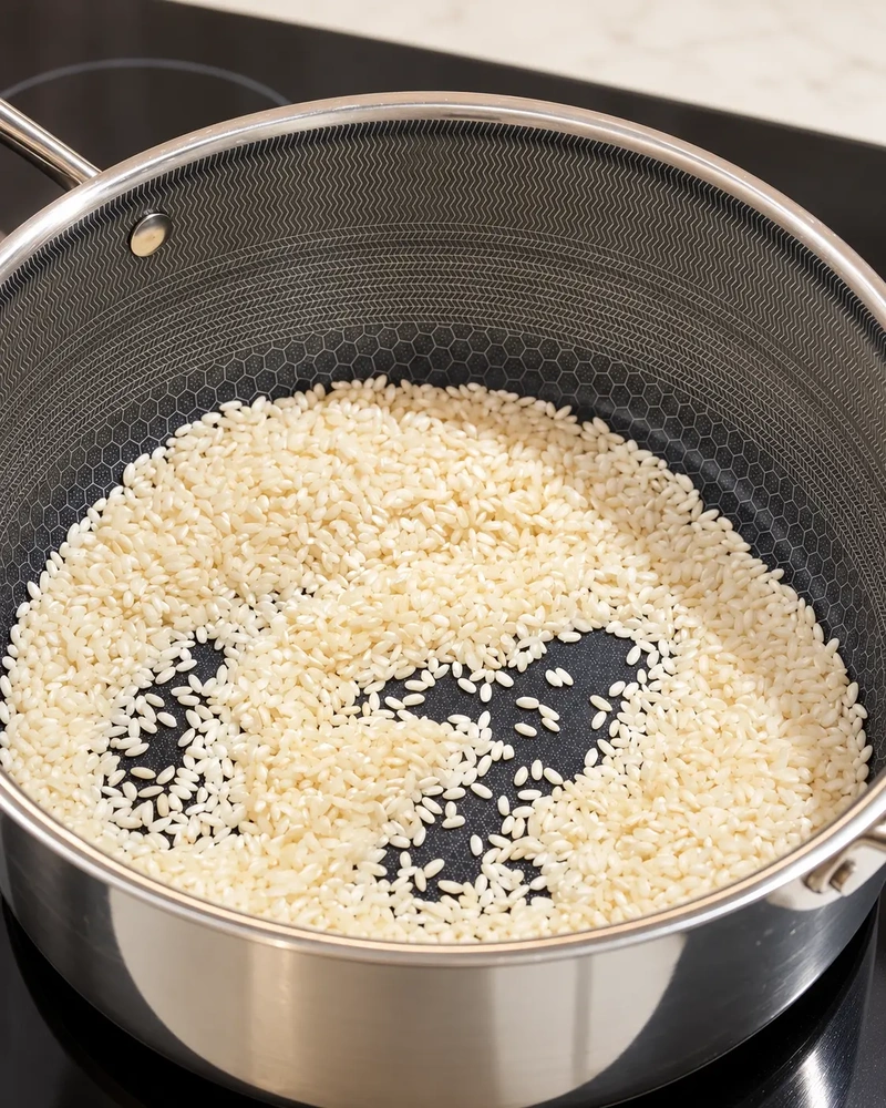 Risotto rice toasting in a stainless steel pan on the hob, photographed from above during the early stage of making vegan leek risotto.