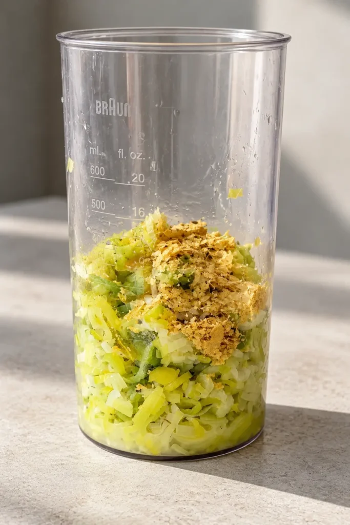 Cooked leeks with nutritional yeast, olive oil and seasoning in a measuring cup, ready to be blended into a cream for vegan leek risotto.